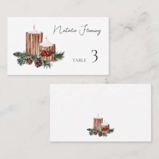 Carte De Placement Pine de pin vert hiver Candle Berry rouge (Devant / Derrière)