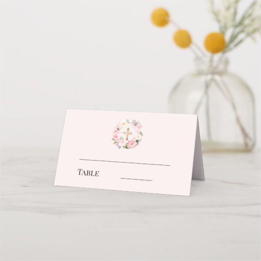 Carte De Placement Pink floral wreath gold cross baptism (Devant)