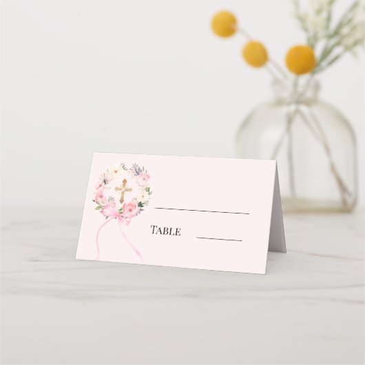 Carte De Placement Pink floral wreath gold cross bow ribbon (Devant)
