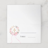 Carte De Placement Pink floral wreath gold cross bow ribbon (Extérieur déplié)