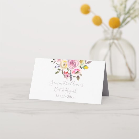 Carte De Placement PixDezines Bat mitzvah aquarelle, Roses pastel (Dos)