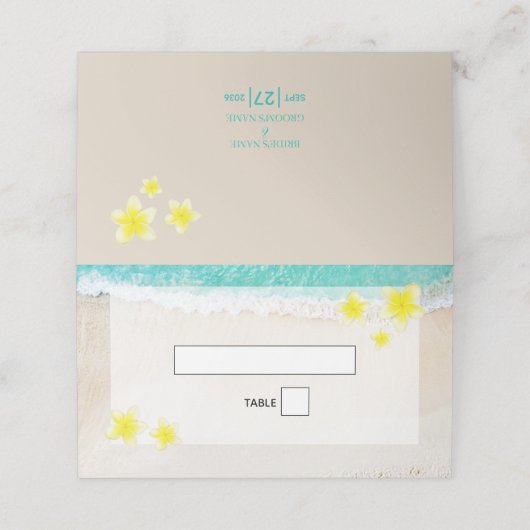 Carte De Placement Plumeria jaune Frangipani Plage tropicale Mariage (Extérieur déplié)