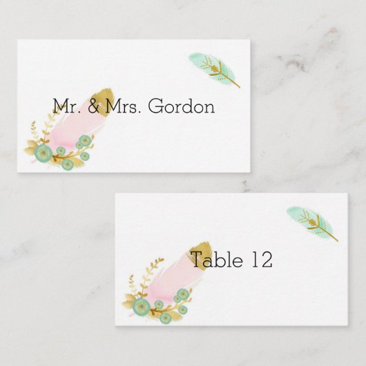 Carte De Placement Plumes Boho rose et or (Devant / Derrière)