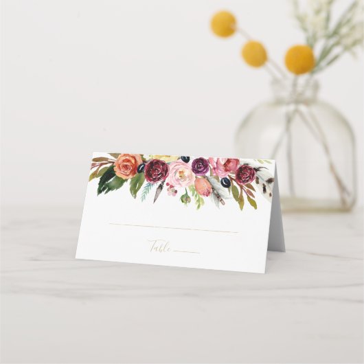 Carte De Placement Plumes d'or Boho Tropical Floral Mariage (Devant)