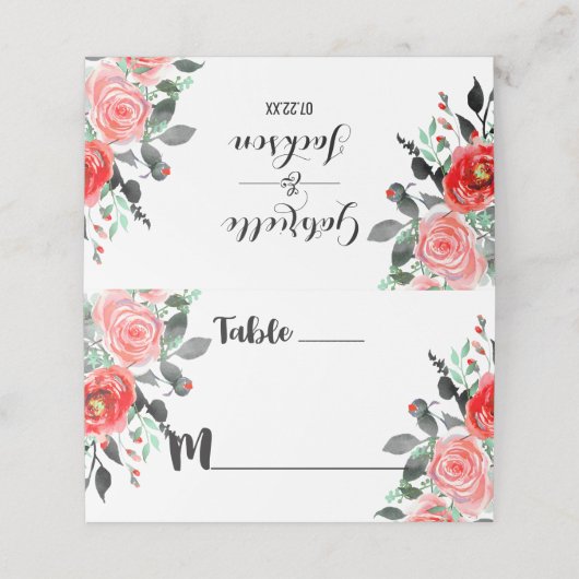 Carte De Placement Poche & Mint Peony Numéro de table Nom du siège (Extérieur déplié)