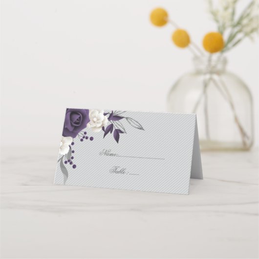 Carte De Placement pourpre poussiéreux et fleurs blanches gris (Devant)
