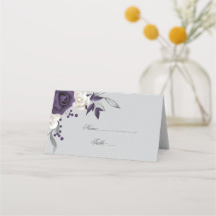 Carte De Placement pourpre poussiéreux et fleurs blanches gris