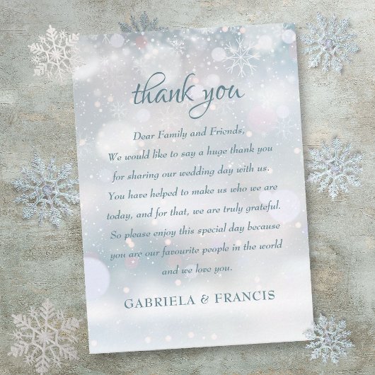 Carte De Placement Premier Mariage de flocons de neige en hiver Merci