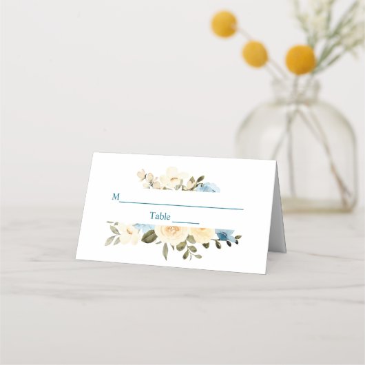 Carte De Placement Première Communion bleu ivoire Fleurs vertes (Devant)