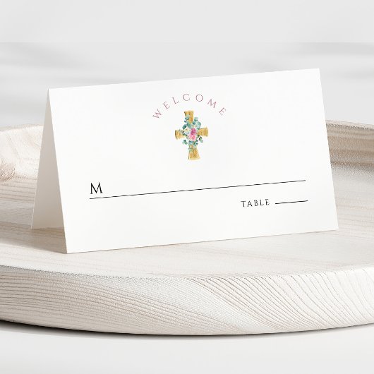Carte De Placement Première communion croix florale rose