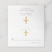 Carte De Placement Première communion religieuse de fille rose croisé (Extérieur déplié)