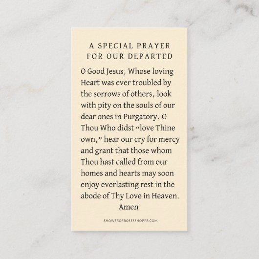 Carte De Placement Prière catholique pour les âmes dans les funéraill (Dos)