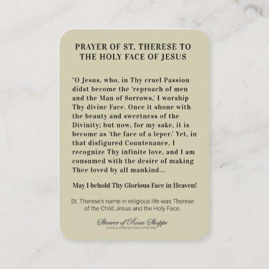 Carte De Placement Prière catholique Sainte Face Saint-Thérèse Religi (Dos)