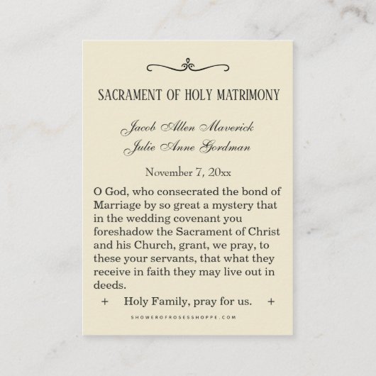 Carte De Placement Prière Mariage catholique Mariée Marie Joseph (Dos)