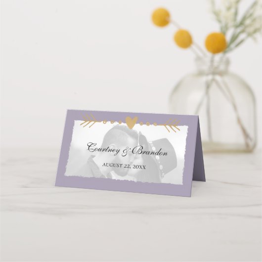 Carte De Placement Purple moderne Photo Gold Hearts Mariage (Devant)