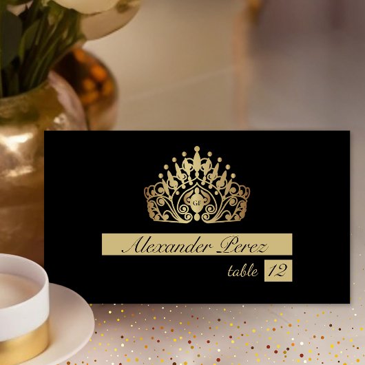 Carte De Placement Quinceanera Black et Gold Princesse Tiara Couronne
