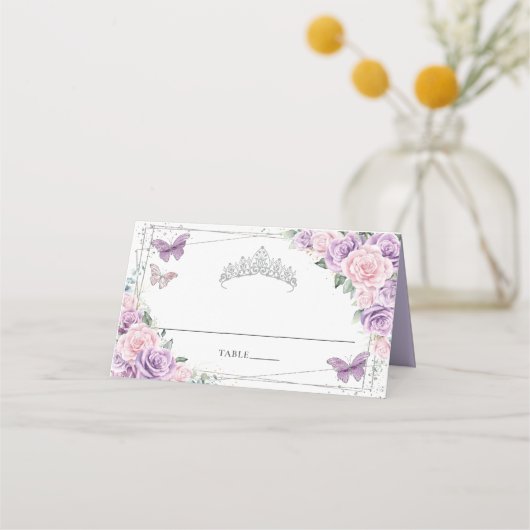 Carte De Placement Quinceañera Fleurs de Lilas Rose Papillons Violet (Devant)