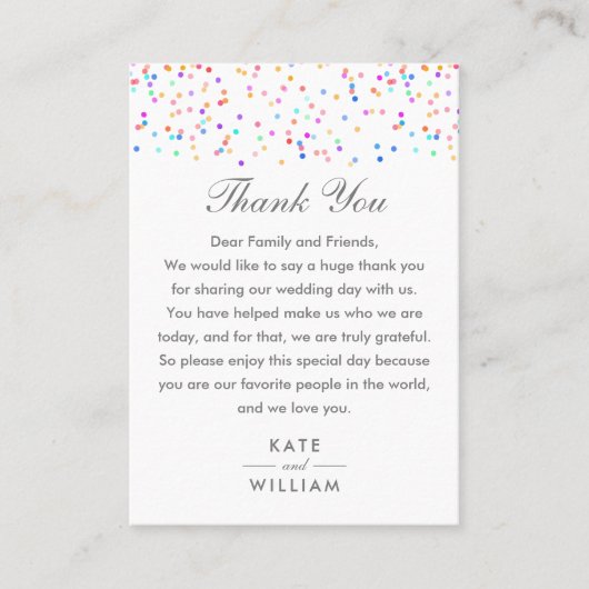 Carte De Placement Rainbow Confetti Merci Mariage coloré (Devant)