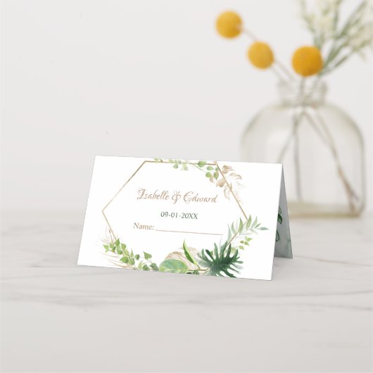 Carte De Placement Réception de mariage aux feuilles de Monstera vert (Devant)