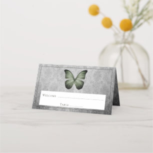 Carte De Placement Réception Vintage verte en damas papillon