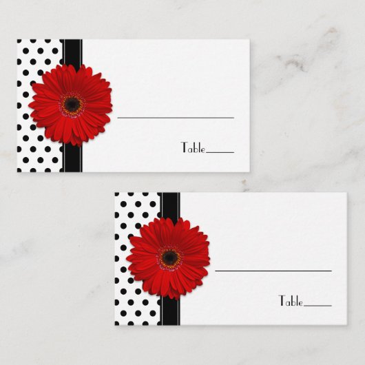 Carte De Placement Red Daisy Black White Polka Mariage Place Card (Devant / Derrière)