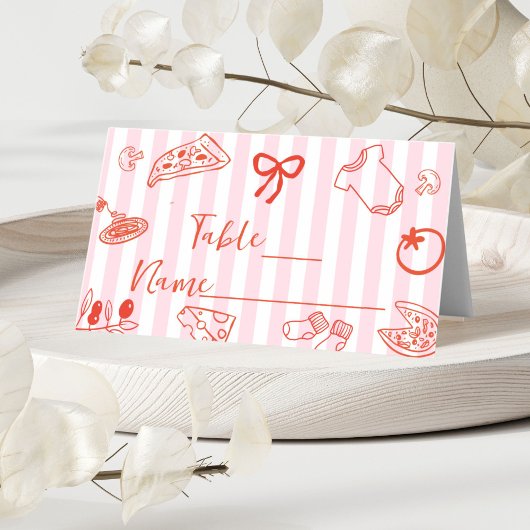 Carte De Placement Red & Pink Hand Drawn Pizza Baby Shower Place Card