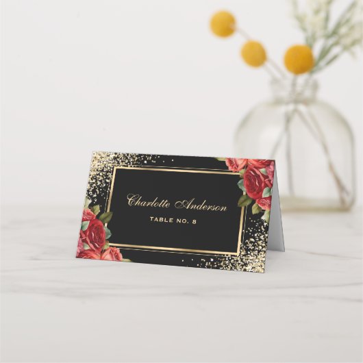 Carte De Placement Red Roses Black Gold Floral (Devant)