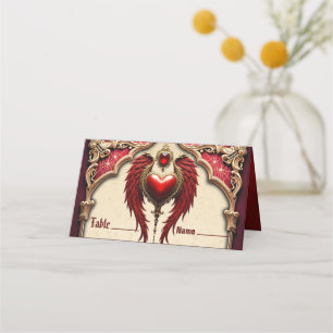Carte De Placement Romance vintage avec un coeur et des ailes.