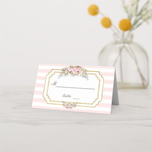 Carte De Placement Romantique Blush Pink Stripes Floral Numéro de tab (Devant)