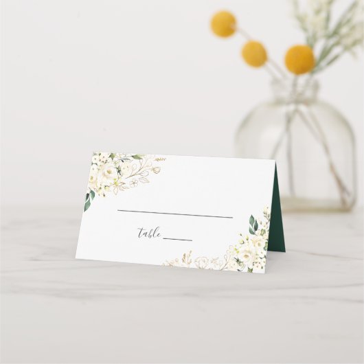Carte De Placement Rose blanche Floral or Feuille table Mariage (Devant)