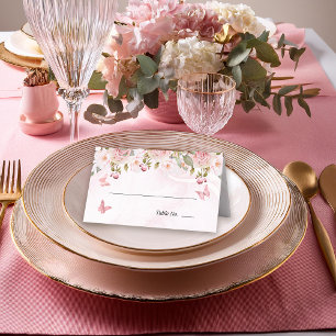 Carte De Placement Rose Fleurs Papillons Floral   Marbre Rose 