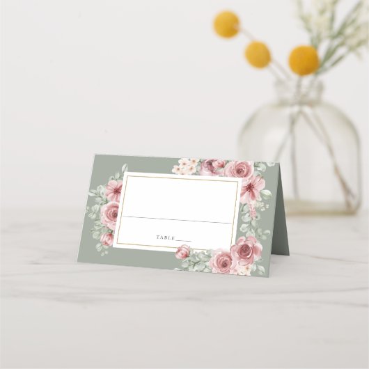 Carte De Placement Rose Floral Elegant Sage Green Mariage (Devant)