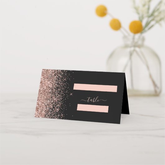 Carte De Placement Rose noir moderne Parties scintillant or Mariage (Devant)