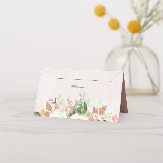 Carte De Placement Rose Pâle et Fleurs Aquarelles Dorées (Devant)