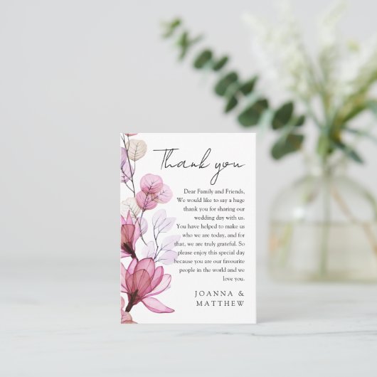 Carte De Placement Rose poussiéreux Merci Mariage floral transparent (Debout devant)