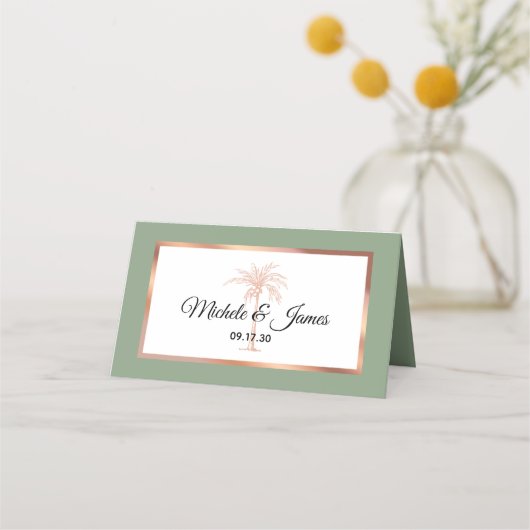 Carte De Placement Rose Sage Gold Copper Palm Tree Moderne Mariage (Devant)
