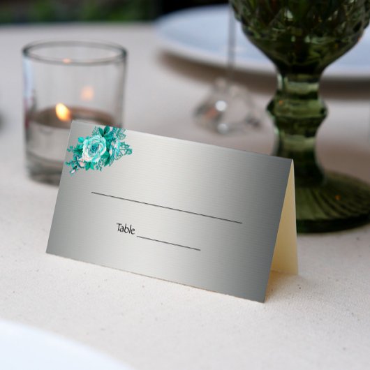 Carte De Placement Roses Aqua et Mariage Silver