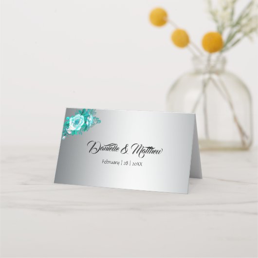 Carte De Placement Roses Aqua et Mariage Silver (Dos)