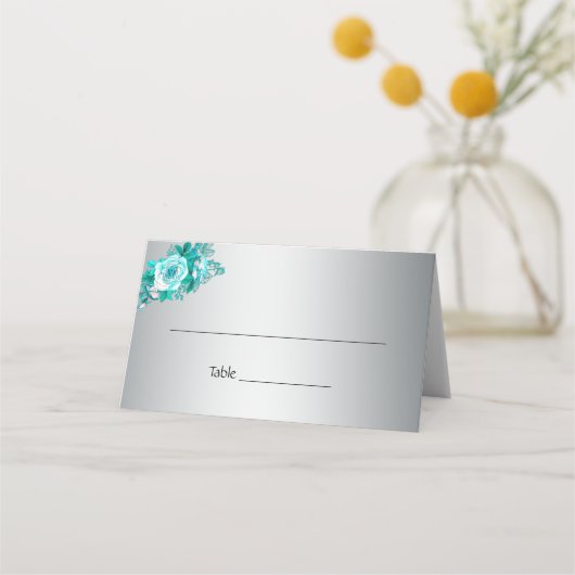 Carte De Placement Roses Aqua et Mariage Silver (Devant)