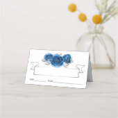 Carte De Placement Roses Argent et Bleu Royal Élégant Plié Table (Devant)