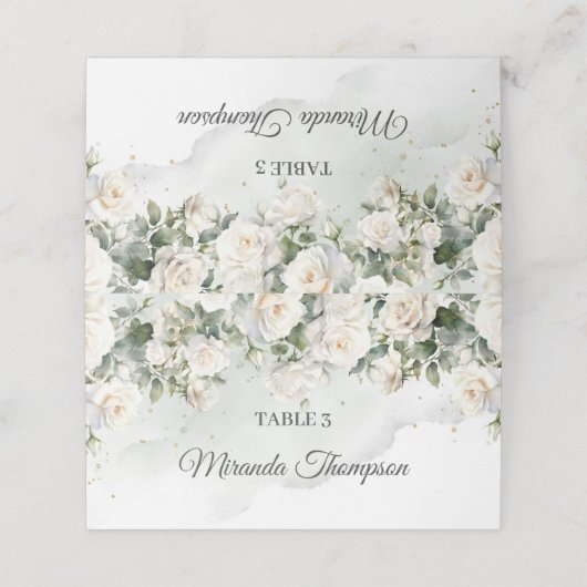 Carte De Placement Roses blanches romantiques Eucalyptus Vert et or (Extérieur déplié)