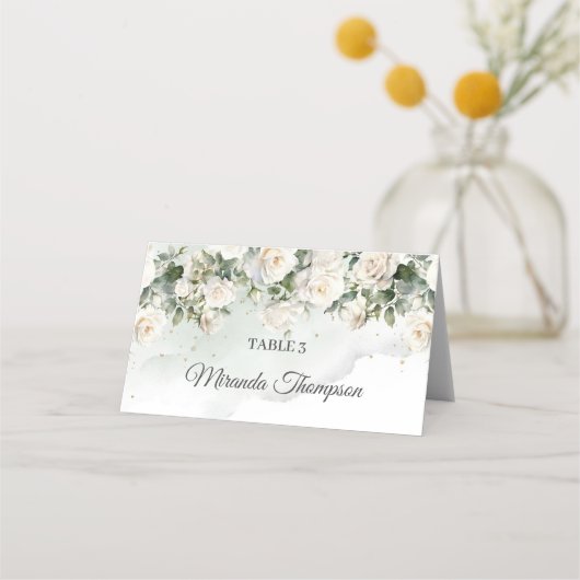 Carte De Placement Roses blanches romantiques Eucalyptus Vert et or (Dos)