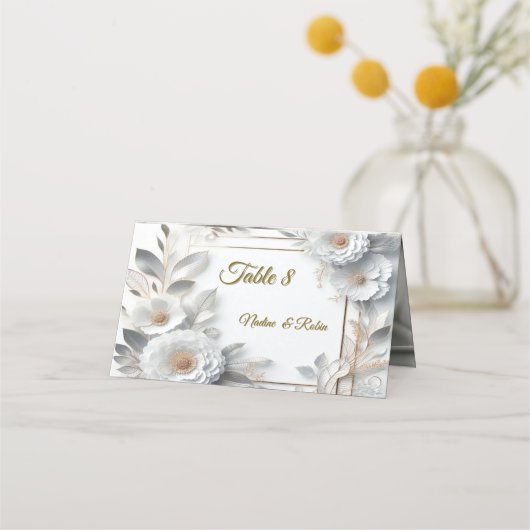 Carte De Placement Roses d'or blanc, soie de champagne et papillons (Devant)
