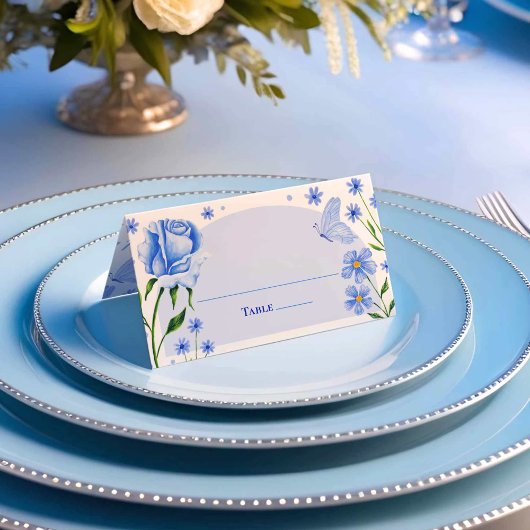 Carte De Placement Roses et papillon bleu clair Quinceañera