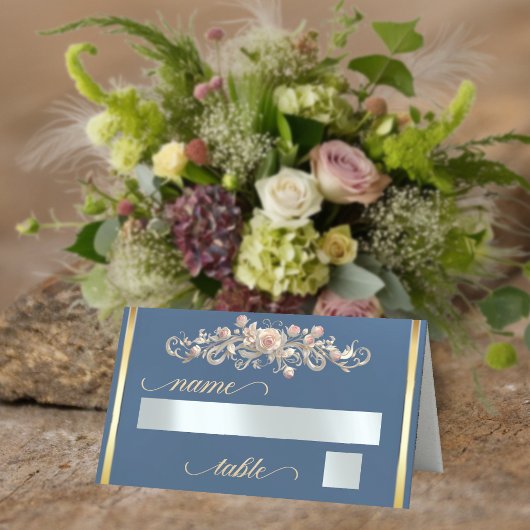 Carte De Placement Roses & Monogramme Cœur - Bleu