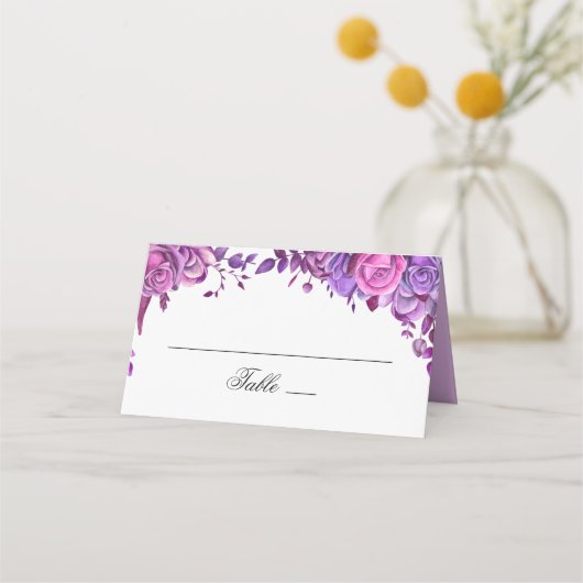 Carte De Placement Roses roses et violets. Mariage de fleurs d'aquare (Devant)