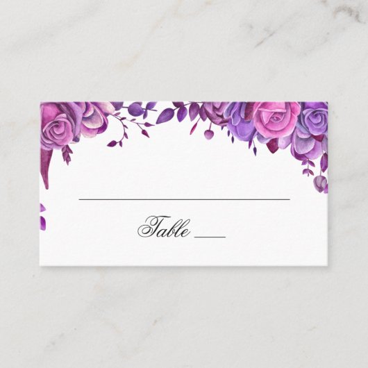 Carte De Placement Roses roses et violets. Mariage de fleurs d'aquare (Devant)