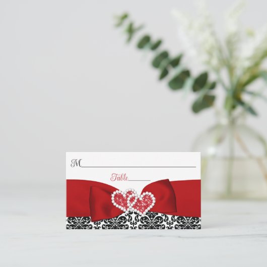 Carte De Placement Rouge, Noir, Blanc Damas Amour Coeurs Mariage (Debout devant)