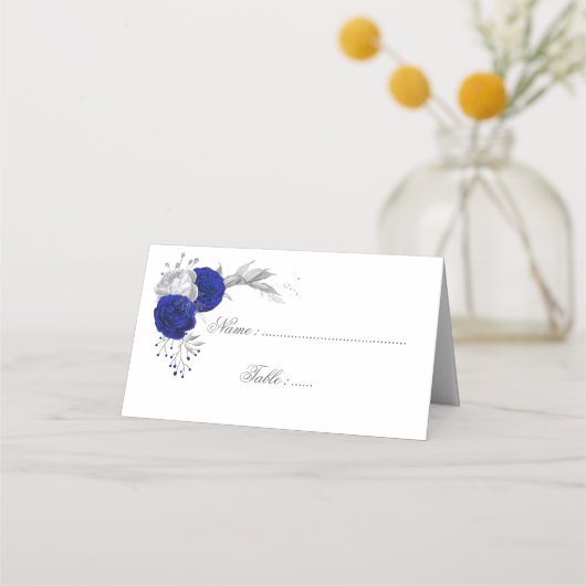 Carte De Placement royal bleu & argent fleurs botaniques (Devant)