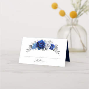 Carte De Placement Royal Bleu Blanc Métallurier Argent Mariage Floral